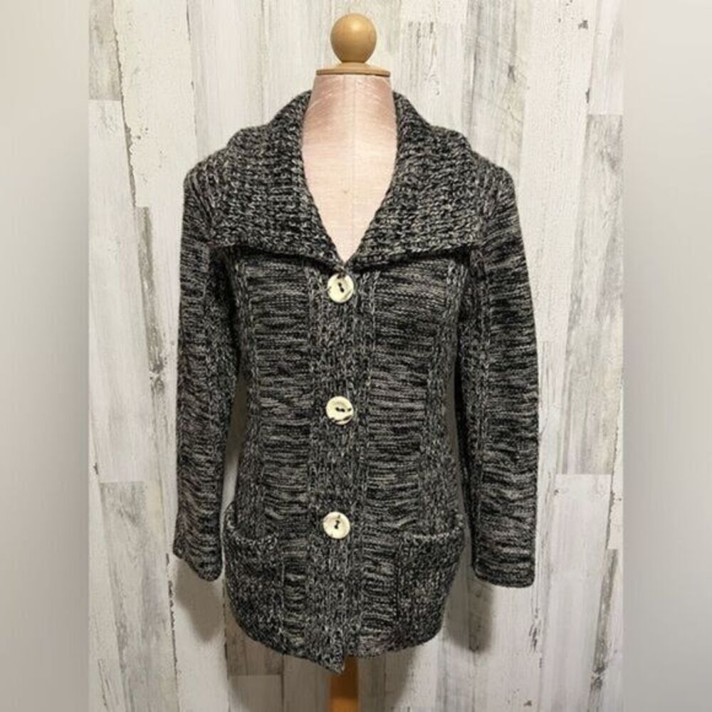 Vintage 100% Wool Marled‎ Gray Shawl Collar Cardigan Large